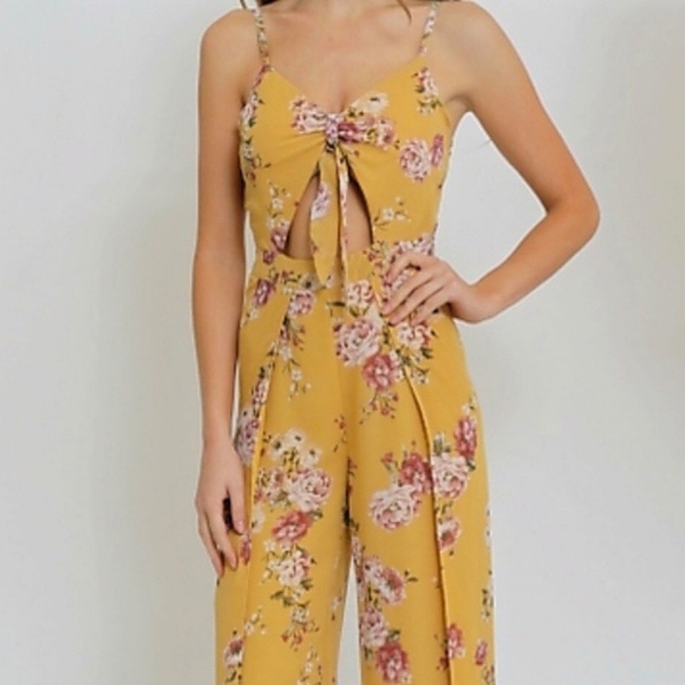 Mustard Thigh High Slit Jumpsuit - Picture 2 of 4
